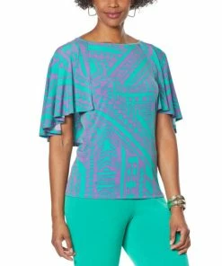 Deals 🔥 IMAN Global Chic Printed Cape-Sleeve Top With Keyhole Back Vivid Green Tribal ⭐