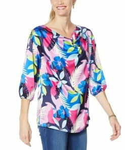 Best reviews of 🎁 IMAN Global Chic Cowl-Neck Woven 3/4 Sleeve Top Olive Floral 👏