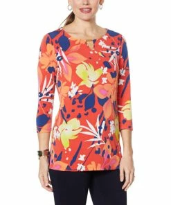 Top 10 🛒 IMAN Global Chic Printed Keyhole 3/4 Sleeve Tunic Red Multi ✔️