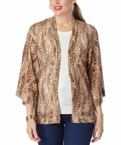 Best Sale 🛒 IMAN Global Chic Feather Print Herringbone Mesh Knit Topper Bright Purple Feather ❤️