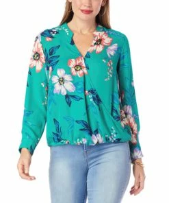 Flash Sale ❤️ IMAN Global Chic Long-Sleeve Floral Print Surplice Top Green Floral 👍