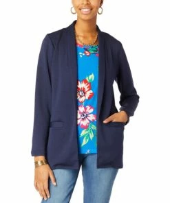 Best Pirce 🛒 IMAN Global Chic Silky Scuba Knit Blazer With Pockets Navy 🤩