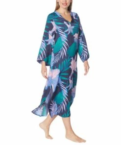 New ✨ Iman Global Chic Printed Satin Caftan 👗 Dress Navy/lavender ⌛