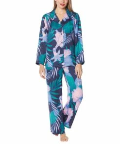 Deals 🔔 IMAN Global Chic 2-piece Floral Print Satin Pajama Set Evergreen/pink 🔔