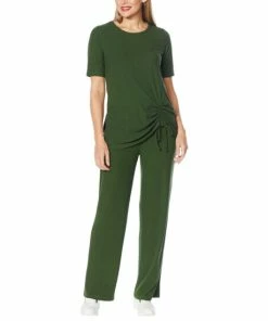 Hot Sale 😀 IMAN Comfy Chic Soft Ribbed Knit Top And Pant Set Dark Teal ❤️