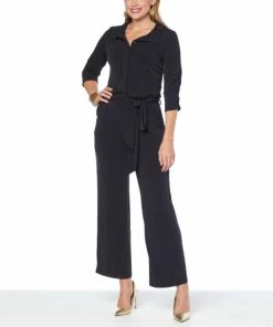 Promo 👍 "As Is" IMAN Global Chic Belted Hidden-Button Jumpsuit Black 🔔