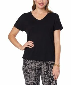 Deals 🛒 "As Is" IMAN Global Chic Easy Knit Short-Sleeve V-Neck Top Black ✔️