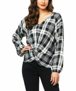 Top 10 ✨ "As Is" IMAN Global Chic Plaid Twist-Front Woven Top ⭐