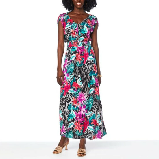 New 🌟 IMAN Global Chic Smocked Waist Maxi 👗 Dress Rose Coral Floral 👏 - Image 4