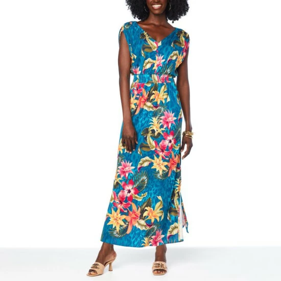 New 🌟 IMAN Global Chic Smocked Waist Maxi 👗 Dress Rose Coral Floral 👏 - Image 9