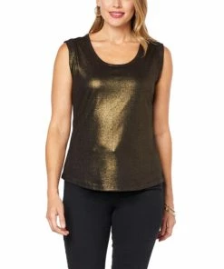 New 👍 IMAN Global Chic Foiled Knit Extended Cap-Sleeve Top Deep Olive 🔔