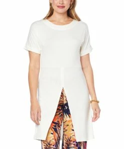 Deals 🎁 IMAN Global Chic Knit Slit Front Drama Top Cream 👏