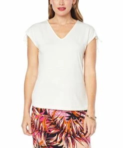 Budget 😉 IMAN Global Chic V-Neck Knit Tee With Shoulder Ties Black 🤩