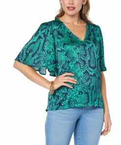 Deals 😍 IMAN Global Chic Printed Bell-Sleeve Top Green Snake 🔔