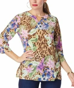Cheap ✔️ IMAN Global Chic 3/4-Sleeve Floral Print Chiffon Tunic True Teal ❤️