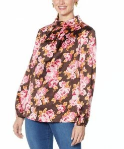 Deals ❤️ IMAN Global Chic Mock Neck Pleat-Front Blouse Black Floral ✨