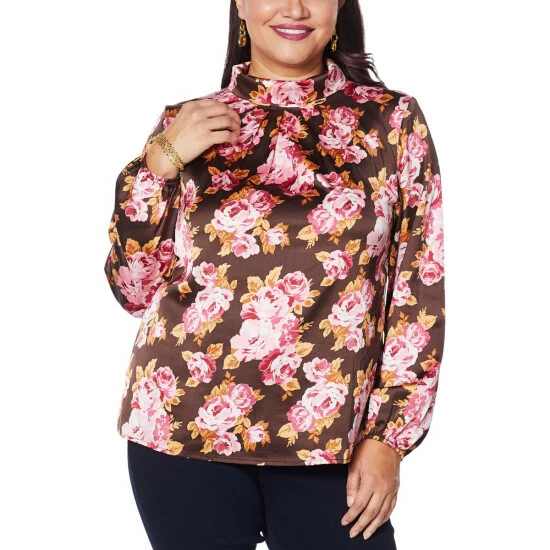 Deals β€οΈ IMAN Global Chic Mock Neck Pleat-Front Blouse Black Floral β¨ - Image 2