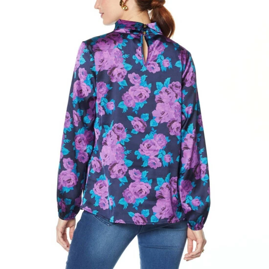 Deals β€οΈ IMAN Global Chic Mock Neck Pleat-Front Blouse Black Floral β¨ - Image 3