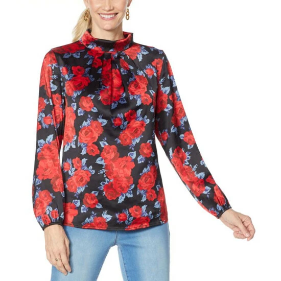 Deals β€οΈ IMAN Global Chic Mock Neck Pleat-Front Blouse Black Floral β¨ - Image 4