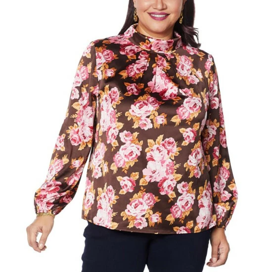 Deals β€οΈ IMAN Global Chic Mock Neck Pleat-Front Blouse Black Floral β¨ - Image 5