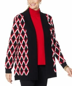 Promo ✔️ IMAN Global Chic Wide Collar Knitted Cardigan Fall Red 🔥