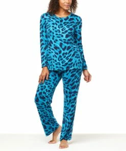 Wholesale 😍 IMAN Global Chic 2-piece Buttery Soft Knit Pajama Set Teal Leopard 🥰