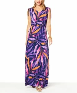 Budget 🎉 IMAN Global Chic Cinched Shoulder V-Neck Maxi 👗 Dress Black Floral 🥰