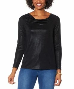 Best deal 🤩 IMAN Global Chic Printed Foil Jersey Cowl-Neck Top Black 🛒