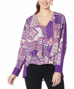 New 🤩 IMAN Global Chic Printed Drape-Front Woven Top Purple Magic 😀