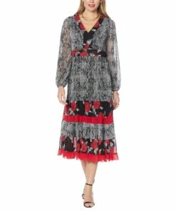 Best Sale 🛒 IMAN Global Chic Mixed Print Tiered Mesh Midi Statement 👗 Dress Black Snake ❤️