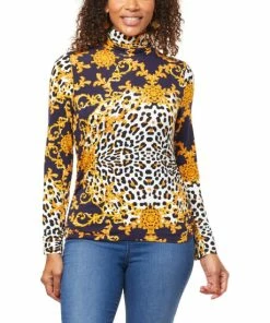 Wholesale 😍 IMAN Global Chic Printed Turtleneck With Shirred Detail Evergreen Scroll 👍