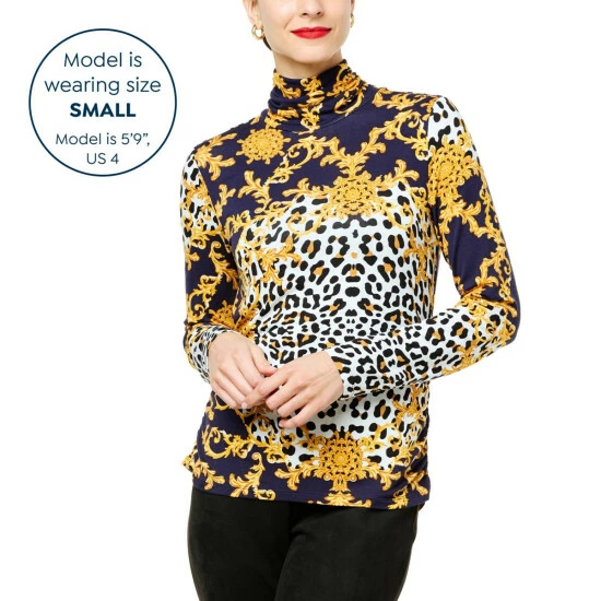 Wholesale 😍 IMAN Global Chic Printed Turtleneck With Shirred Detail Evergreen Scroll 👍 - Image 5