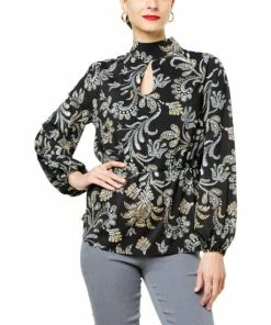 Coupon 🛒 IMAN Global Chic Keyhole Mock-Neck Blouse Rhubarb Paisley 🧨