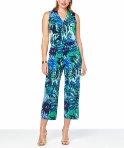 Best Sale 🔥 IMAN Global Chic 2-piece Drapey Knit Top And Cropped Pant Set Blue Multi Palm 👍