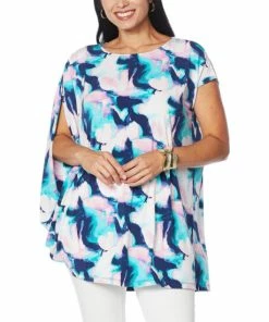 Best Sale 🛒 IMAN Global Chic Asymmetric Easy Fit Tunic Blue Floral ✨