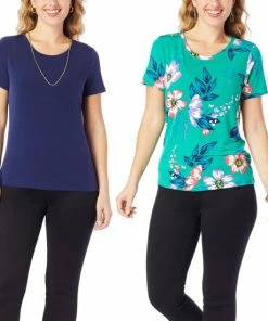 Coupon 👍 IMAN Global Chic 2-pack Short-Sleeve Solid And Print Tees Green Floral/navy ❤️